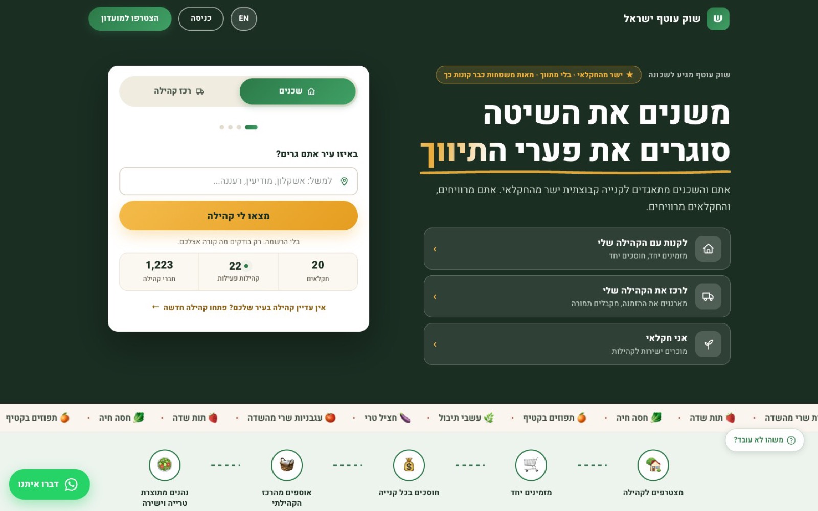 דף הבית של שוק עוטף במחשב — מציאת קהילה לפי עיר, נתוני קהילות פעילות וחקלאים, ומסלולי הצטרפות